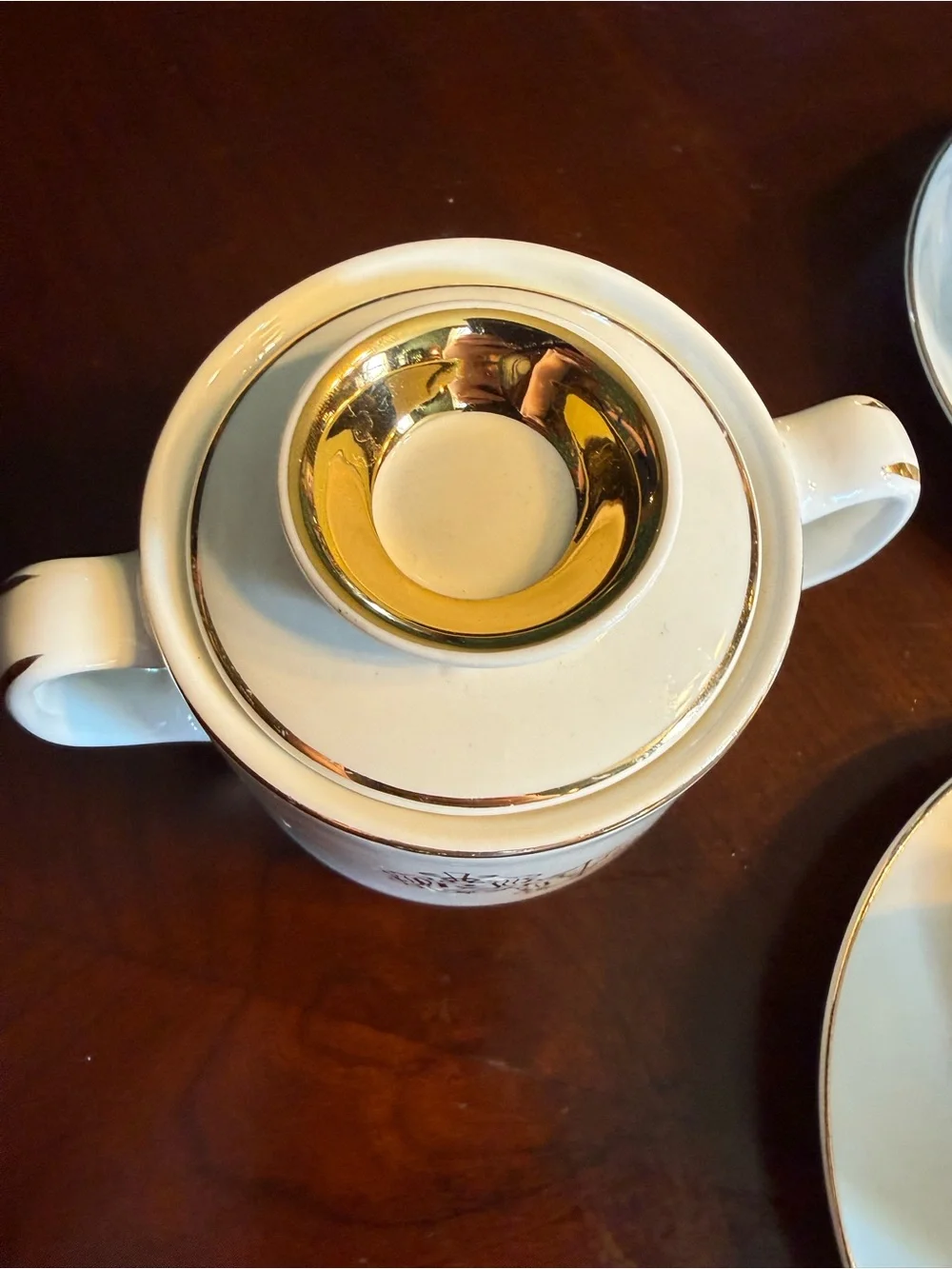 Hall Pottery Apothecary Tea Cups, Saucers, Sugar Bowl